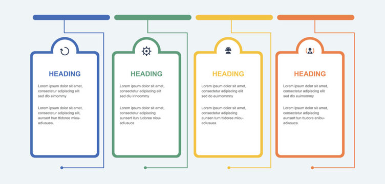 Structured outline rectangle banner business infographic template with four vertical option nodes perfect for organized corporate data comparison charts