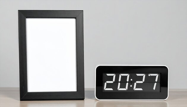 A black picture frame standing next to a 2027 digital clock