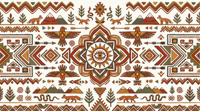 Native American Inspired Tribal Pattern with Eagles Foxes Mountains and Mystical Eye Symbol Seamless Ethnic Boho Design in Earthy Tones