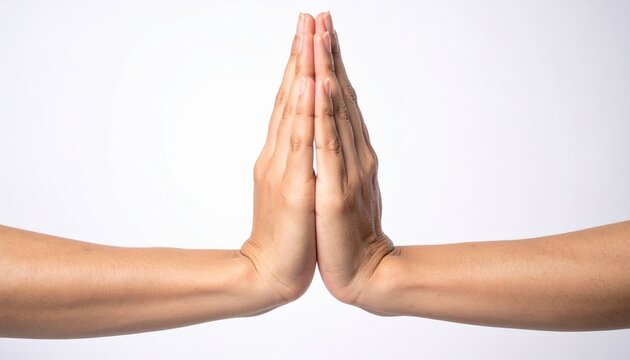 A close-up studio shot of two female hands pressed together gently in a traditional namaste prayer or yoga gesture, isolated on white.