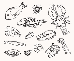Obraz premium Hand-drawn seafood collection with fish, lobster, shrimp, oyster, mussel, octopus tentacle, and salmon steak. Vintage sketch style marine food illustration set.