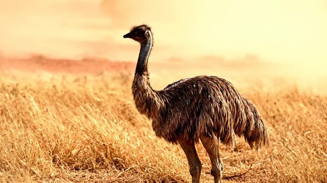 A single large flightless emu walks curiously across the parched golden grasslands of the Australian outback while the warm glowing sun casts a hazy radiance over this vast wild natural