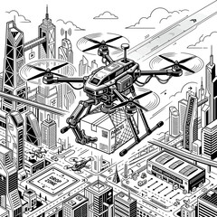 Fototapeta premium Futuristic delivery drones transporting packages over city skyline. Autonomous aerial vehicles carrying parcels for urban logistics and smart shipp...