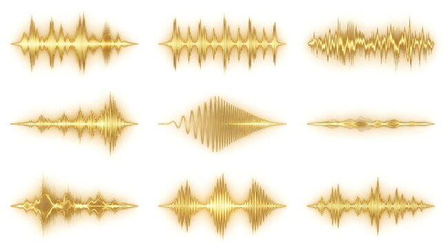 Golden sound wave patterns on white.