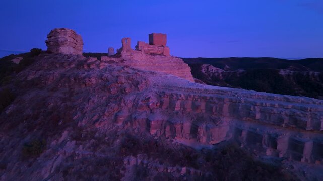 Aerial view from a drone of Sora Castle, ruins of a medieval fortress on the top of a rocky hill near the village of Castej&oacute;n de Valdejasa, Cinco Villas region, province of Zaragoza, Aragon, Spain, Eu