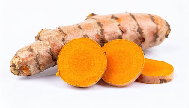 Whole and sliced fresh turmeric root on white background, culinary spice ingredients, natural medicine.
