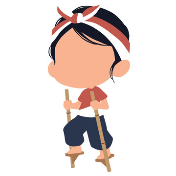 Chibi Faceless Indonesian Boy Playing Egrang Bamboo Stilts Independence Day Game Illustration