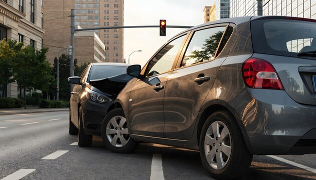 A gray sedan involved in a traffic accident on a city street with a damaged front bumper and hood, parked near a red traffic light signal