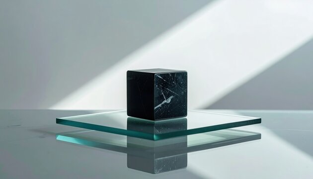 A minimal composition of a single obsidian cube on a reflective glass plate stand unit plate surface wall