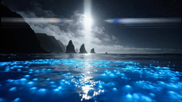 Bioluminescent ocean glowing at night with moonlit sea stacks for nature and cinematic content