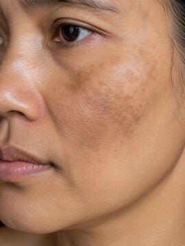 Close-up of woman&rsquo;s face showing melasma skin condition on cheek with natural texture and tone