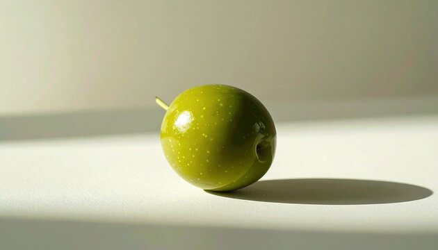 A single fresh green olive fruit casting a soft studio shadow