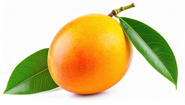 Fresh mango with leaves: A beautiful ripe orange-yellow mango fruit with two fresh green leaves attached, isolated on white.