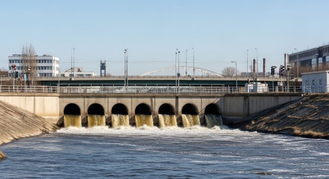 Water flowing from multiple culverts under a bridge into a river on a sunny day.