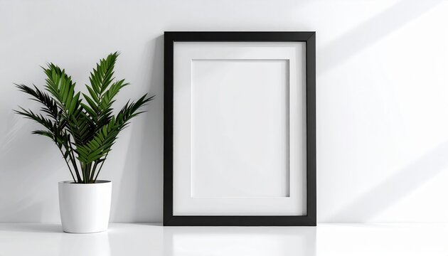 A minimalist design template featuring an empty black plastic picture frame standing vertically on a seamless white background.