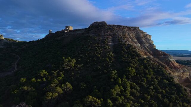 Aerial view from a drone of Sora Castle, ruins of a medieval fortress on the top of a rocky hill near the village of Castej&oacute;n de Valdejasa, Cinco Villas region, province of Zaragoza, Aragon, Spain, Eu