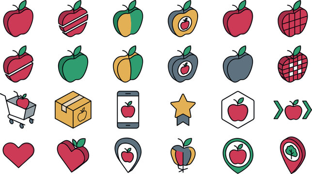 Apple Fruit Icons Set with Shopping Cart Box Phone Star Badge Heart and Location Pin Vector Illustration Bundle for Food and Delivery Concepts