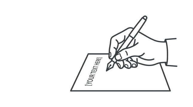 A line art illustration of a hand writing with a fountain pen on a piece of paper.