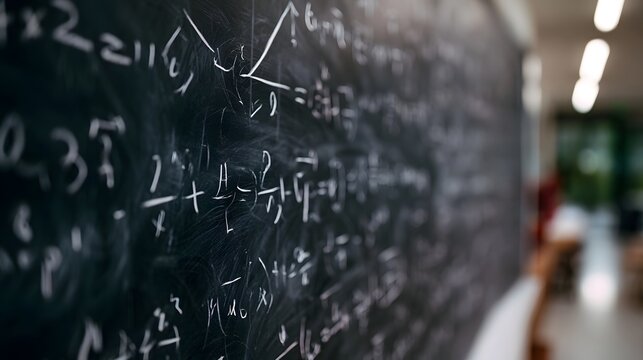 Close up of a chalkboard covered in handwritten mathematical equations and symbols with shallow depth of field