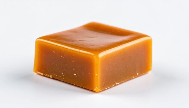 Isolated square of soft chewy caramel on a bright studio surface