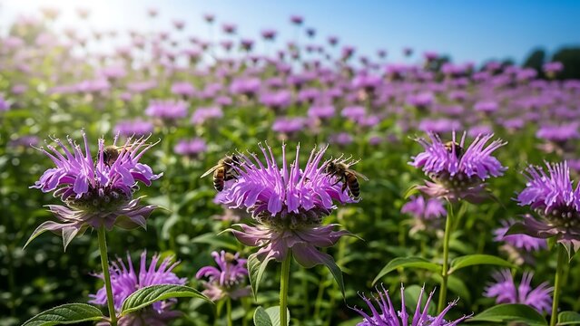 Honey bees pollinating purple wild bergamot flowers in summer meadow