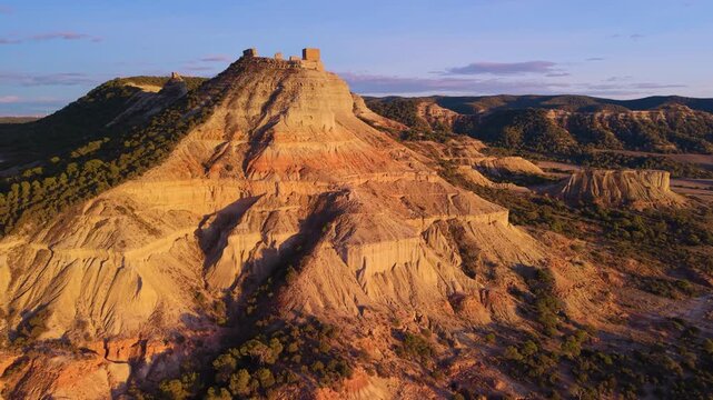 Aerial view from a drone of Sora Castle, ruins of a medieval fortress on the top of a rocky hill near the village of Castej&oacute;n de Valdejasa, Cinco Villas region, province of Zaragoza, Aragon, Spain, Eu
