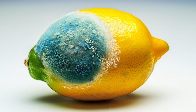 a lemon covered in blue green mold surrounded by a white band of active mycelium characteristic of citrus mold caused by fungi such as penicillium natural decomposition