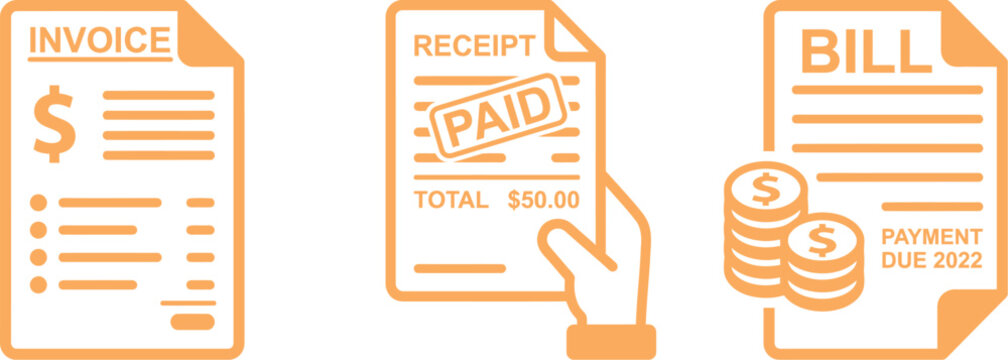 Business document icons representing invoice receipt and bill with payment due and financial details business document accounting financial corporate transaction management administration