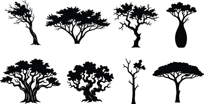 Unique Tree Silhouette Collection with Baobab, Acacia, and Ornamental Landscape Vector Elements Isolated on White Background
