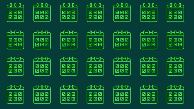 green Grid Pattern of Animated Calendar Schedule Icons with Check Marks Event Planning and Task Completion Calendar Grid Animation Background 
