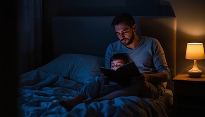 Fototapeta premium A caring father sits in a dimly lit bedroom reading a bedtime story to his young son while they relax together under the soft glow of a bedside lamp