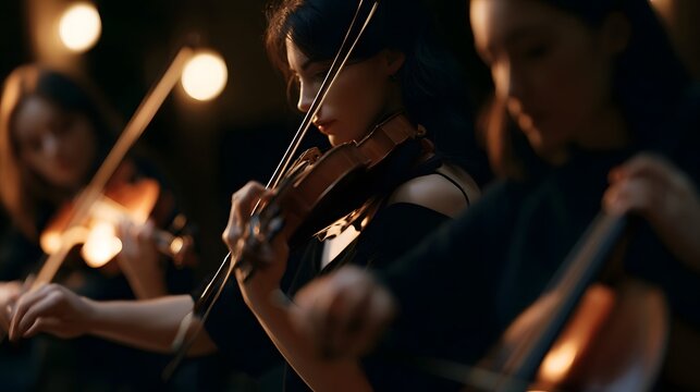 A close up of violinists playing during an intimate musical performance under warm stage lighting
