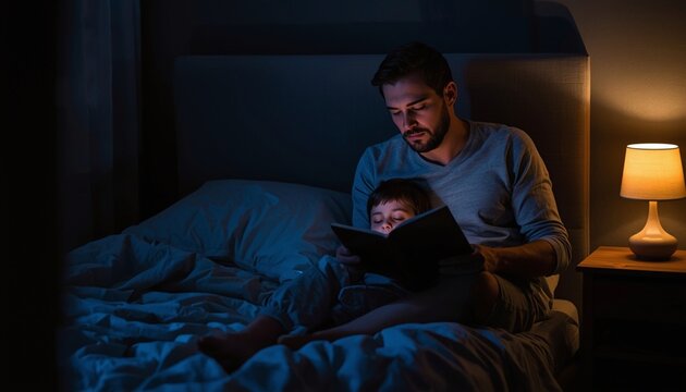 A caring father sits in a dimly lit bedroom reading a bedtime story to his young son while they relax together under the soft glow of a bedside lamp