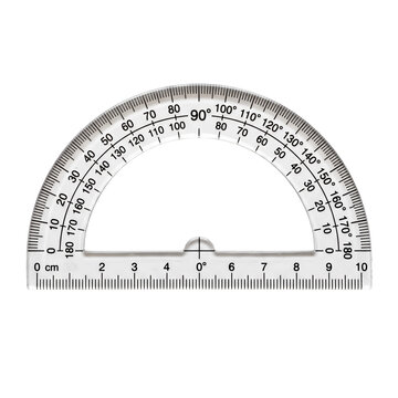 Clear plastic protractor with black markings on transparent background
