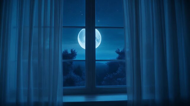 Curtains moving gently as the window glows with cool blue moonlight