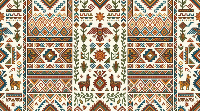Seamless pattern inspired by indigenous South American cultures featuring llamas eagles sun symbols and geometric tribal motifs in warm earthy tones perfect for textiles and decor