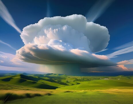 a large cumulonimbus cloud with a distinct anvil shape towering over the green rolling hills a massive cumulonimbus incus cloud commonly known as an anvil cloud or thunderhead