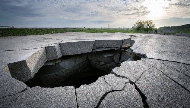 shot of collapsed concrete layers with a deep hollow void and jagged fissures