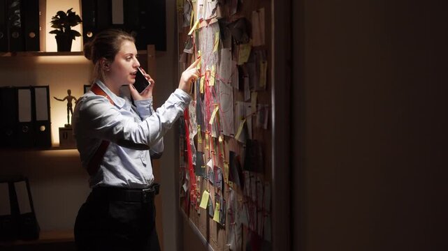 Young woman analysis evidence on cork board at police station call on phone.