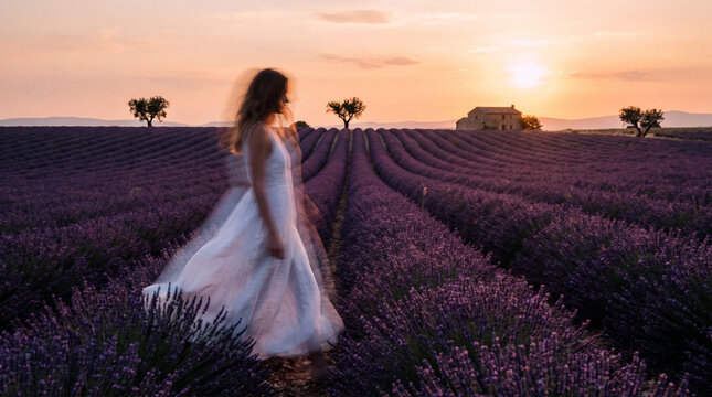 Woman in White Dress Running Through Lavender Field at Sunset