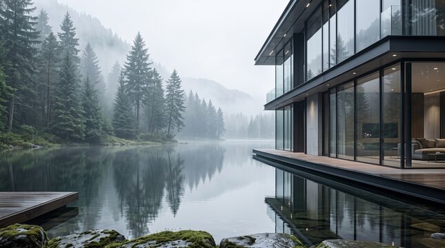 Modern Lakehouse with Floor-to-Ceiling Windows Overlooking Forest