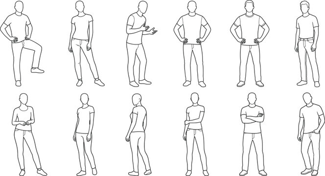 Male Standing Pose CAD Line Art Vector Set with Casual Human Figure Collection