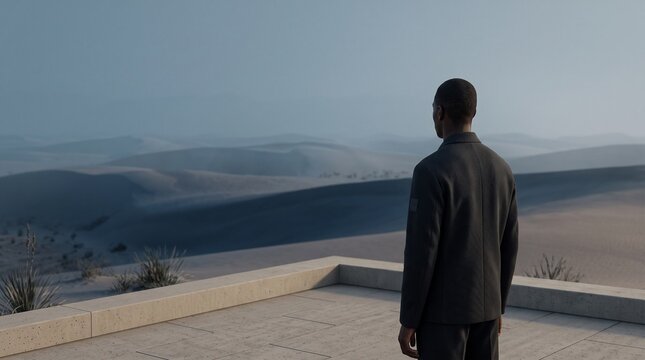 Man in Luxury Suit Overlooking Misty Landscape Valley