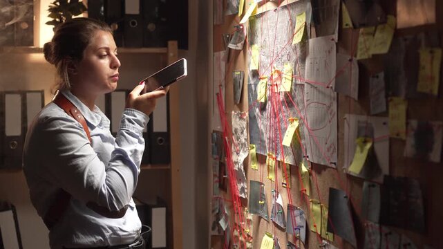Young female detective working with evidence board for investigation and clue mapping using audio recording software on smartphone send voicemail. crime case at night in police office.