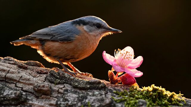 Nuthatch bird interacting with pink spring flower on tree bark for nature and wildlife content