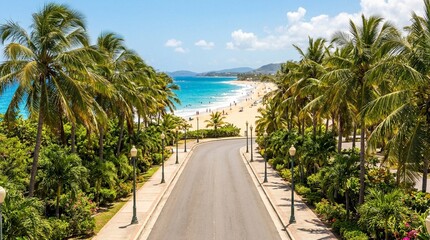 Naklejka premium Palm lined coastal road curves toward a sunny tropical beach with turquoise water and distant hills, ideal for resort travel and vacation marketing.