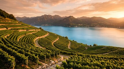 Obraz premium Terraced vineyards curve above a calm blue lake and mountains at sunset, suited to wine tourism, agricultural branding, and destination marketing.