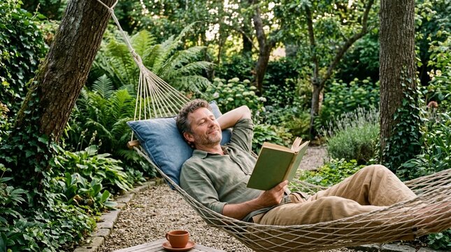 Relaxed middle aged man reads a book in a rope hammock in a lush garden, ideal for promoting leisure, mindfulness, outdoor living, or retirement comfort.