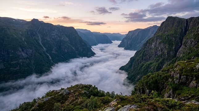 A dramatic mountain valley filled with low clouds at sunrise, ideal for travel campaigns, adventure tourism, and nature conservation promotions.