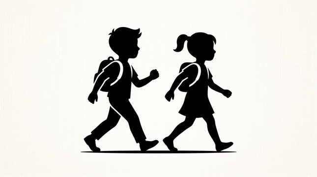Silhouette of Two School Children Walking with Backpacks, Back to School Education Concept, Friendship, Childhood Learning, Student Journey, Elementary School, Knowledge, Growth, and New Beginnings, M